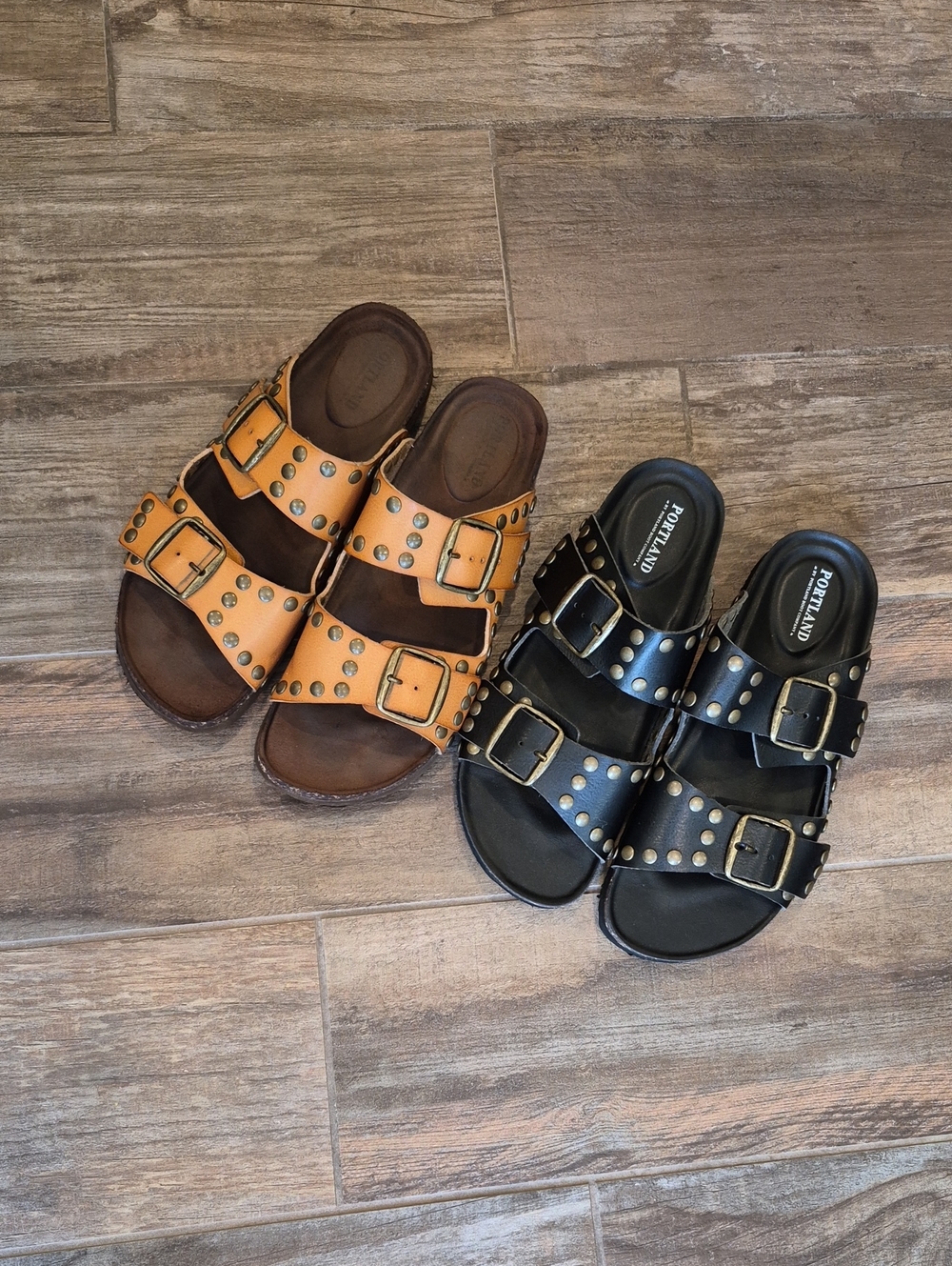 7.5/8 Portland Faux Leather Studded Adjustable Buckle Slide Sandals - Picture 2 of 11